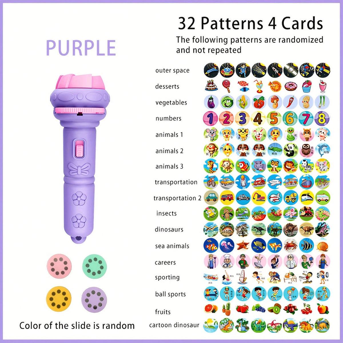 1pc Flashlight With 32 Pattern Projection, 4pcs Cards, Children's Projector Flashlight, Educational Toy With Animal, Dinosaur, Vehicle, Space Themes, Entertaining And Educational, Birthday/Christmas G