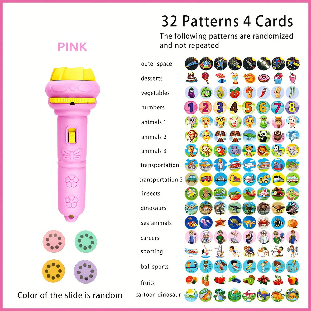 1pc Flashlight With 32 Pattern Projection, 4pcs Cards, Children's Projector Flashlight, Educational Toy With Animal, Dinosaur, Vehicle, Space Themes, Entertaining And Educational, Birthday/Christmas G