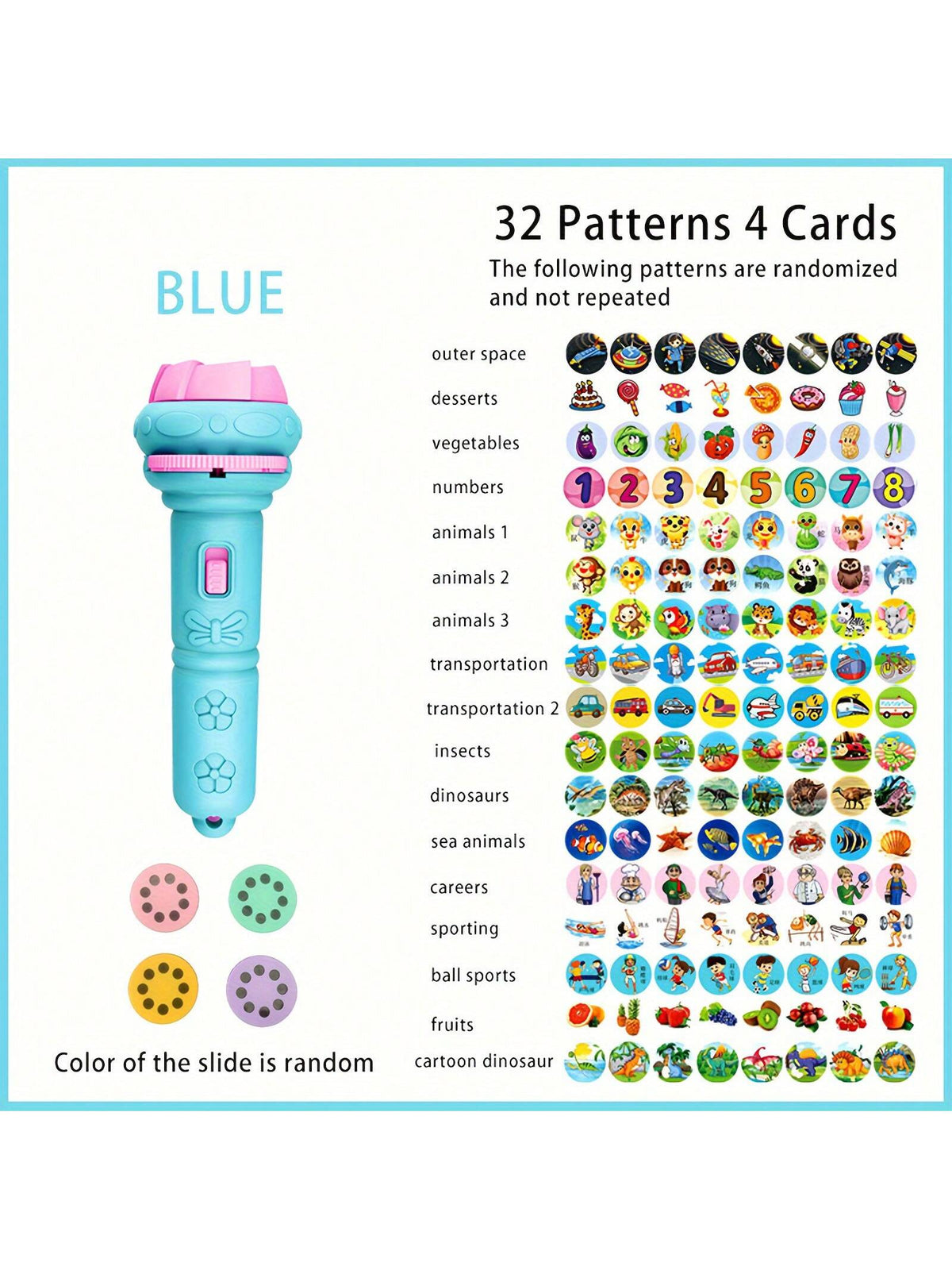 1pc Flashlight With 32 Pattern Projection, 4pcs Cards, Children's Projector Flashlight, Educational Toy With Animal, Dinosaur, Vehicle, Space Themes, Entertaining And Educational, Birthday/Christmas G