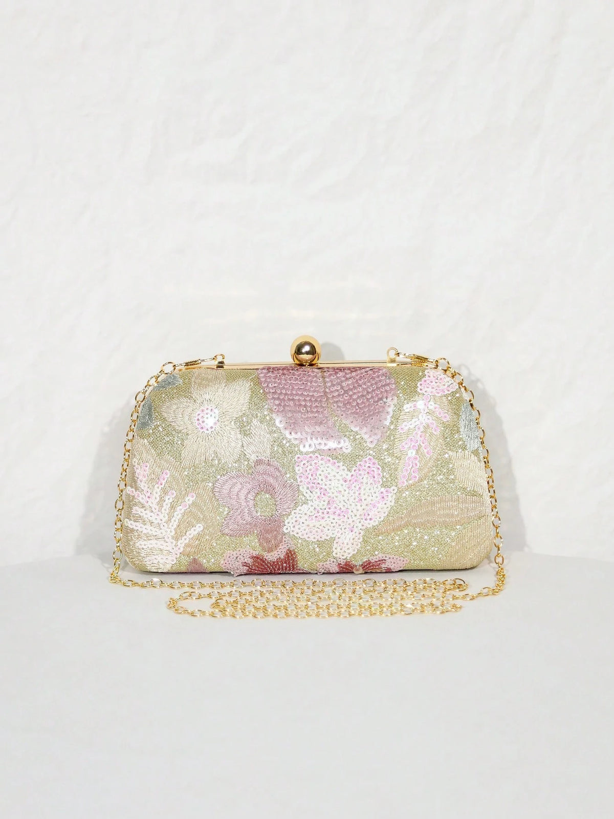 1pc Gold Beaded Clutch Party Bag, Textured Sequin Evening Bag, Ball-Shaped Metal Head, Snap Closure, With Detachable Gold Long Chain Shoulder Strap, Elegant, Exquisite, Textured Clutch Bag, Shoulder B