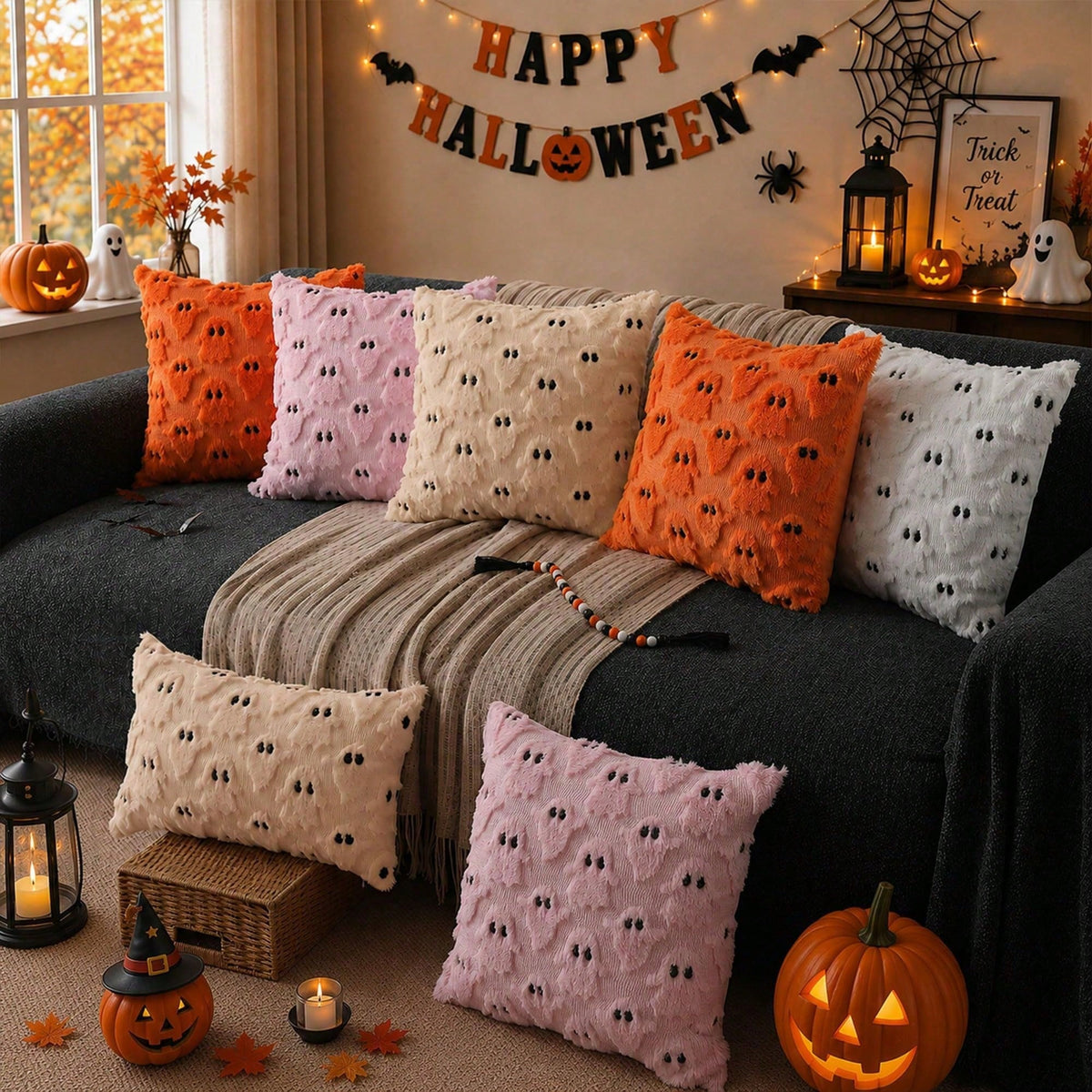 1Pc Halloween Pillow Covers 12x20 Inch Ghost Decor Beige Halloween Lumbar Pillow Covers Decorative For Halloween Home Decor For Sofa