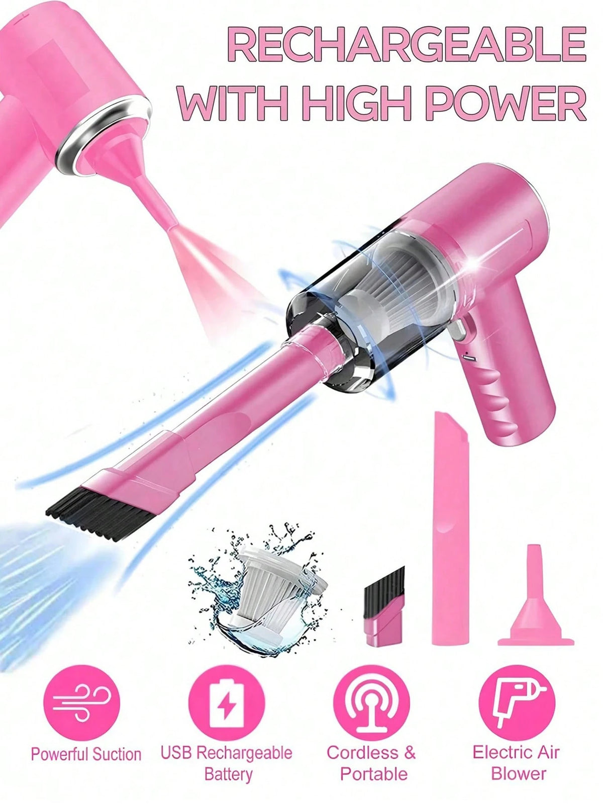 1pc High Power Super Strong Suction Rechargeable Vacuum Cleaner, 2000mAh Rechargeable Lithium Battery Long Battery Life, 0.3-0.4L Large Capacity Dust Bin, Essential For Holidays, Summer Travel, Gradua