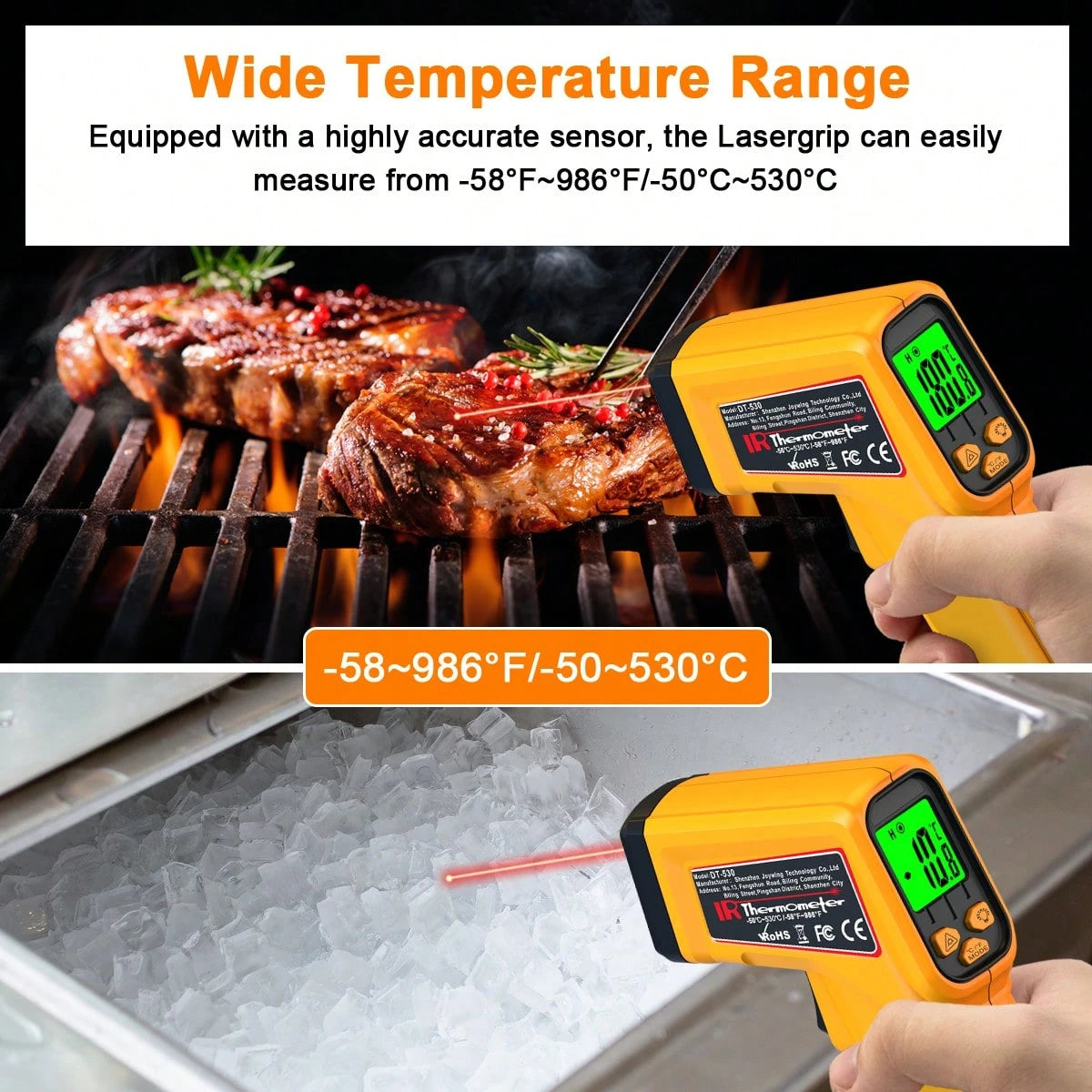 1pc Infrared Thermometer Non-Contact Temperature Gun,-50-530 ℃ Wide Range, Emissivity Adjustable, Handheld Heat Temperature Measuring Tool For Household, Industrial, Electronics, DIY, HVAC, AUTOMOBIL