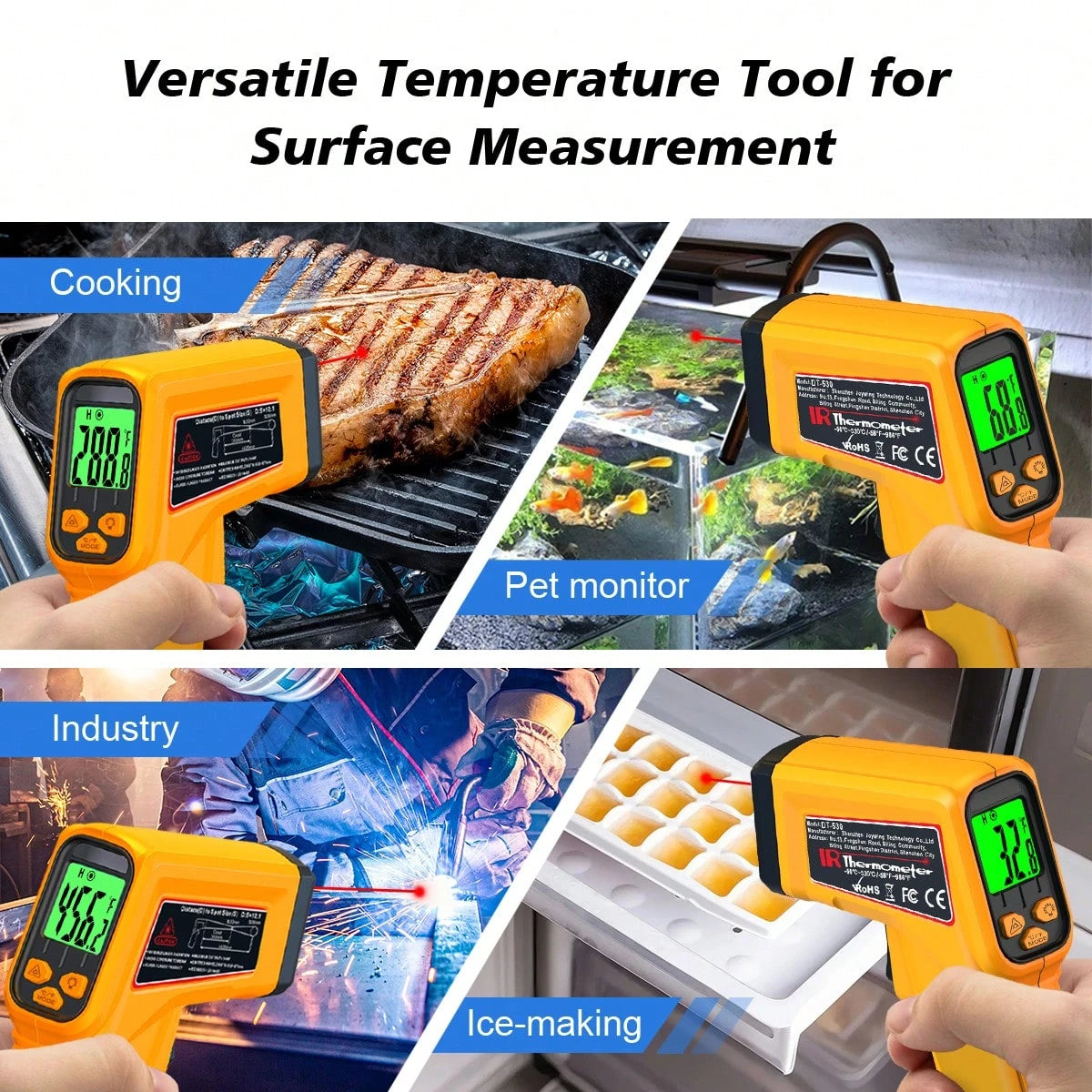 1pc Infrared Thermometer Non-Contact Temperature Gun,-50-530 ℃ Wide Range, Emissivity Adjustable, Handheld Heat Temperature Measuring Tool For Household, Industrial, Electronics, DIY, HVAC, AUTOMOBIL