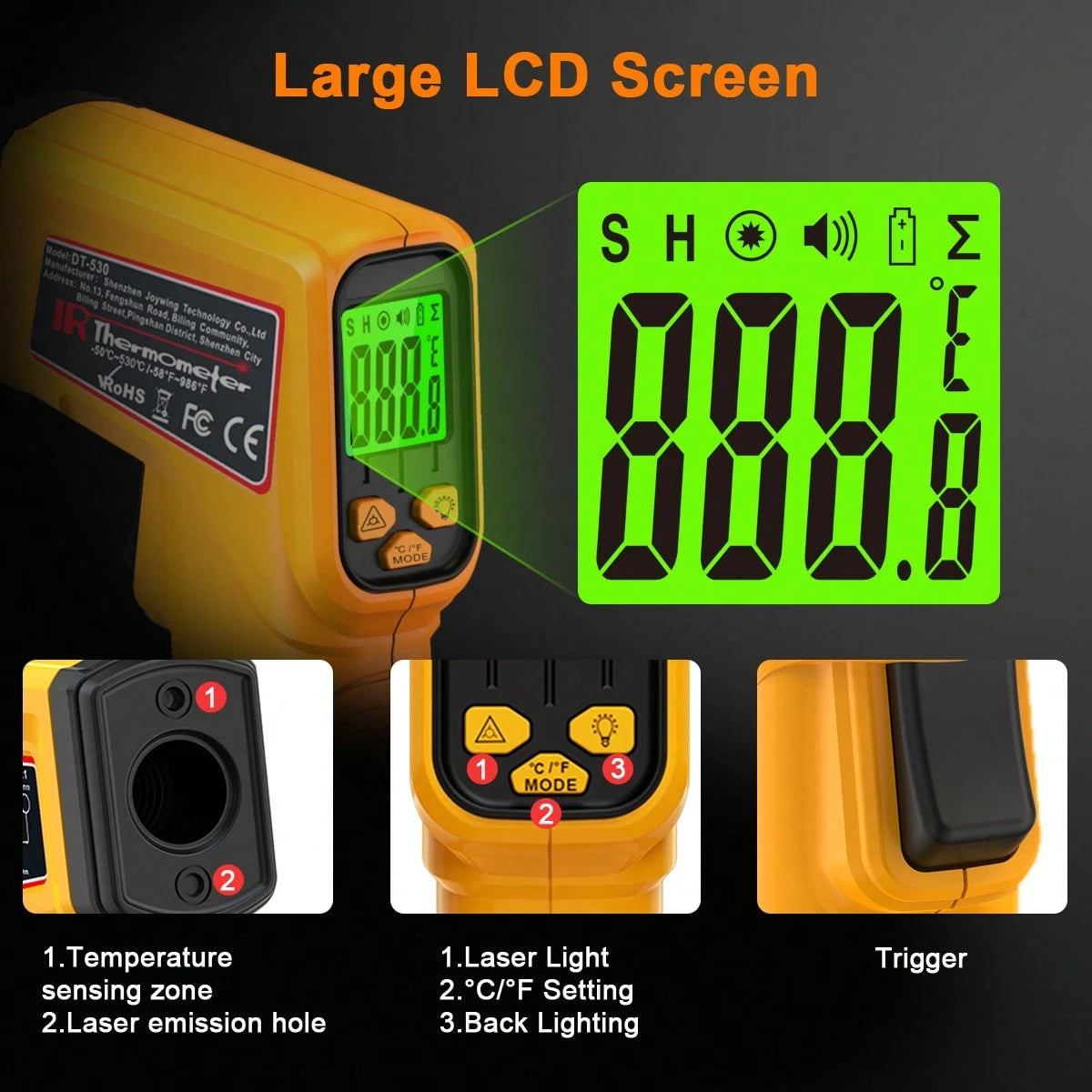 1pc Infrared Thermometer Non-Contact Temperature Gun,-50-530 ℃ Wide Range, Emissivity Adjustable, Handheld Heat Temperature Measuring Tool For Household, Industrial, Electronics, DIY, HVAC, AUTOMOBIL