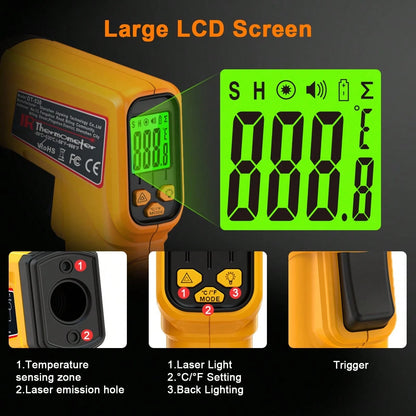 1pc Infrared Thermometer Non-Contact Temperature Gun,-50-530 ℃ Wide Range, Emissivity Adjustable, Handheld Heat Temperature Measuring Tool For Household, Industrial, Electronics, DIY, HVAC, AUTOMOBIL