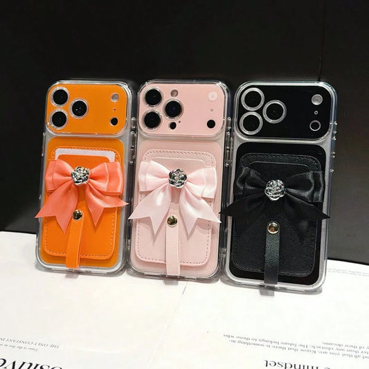 1pc Ins Solid Color PU Leather Adhesive Bank Card/Access Card Holder, Bowknot Rose Design