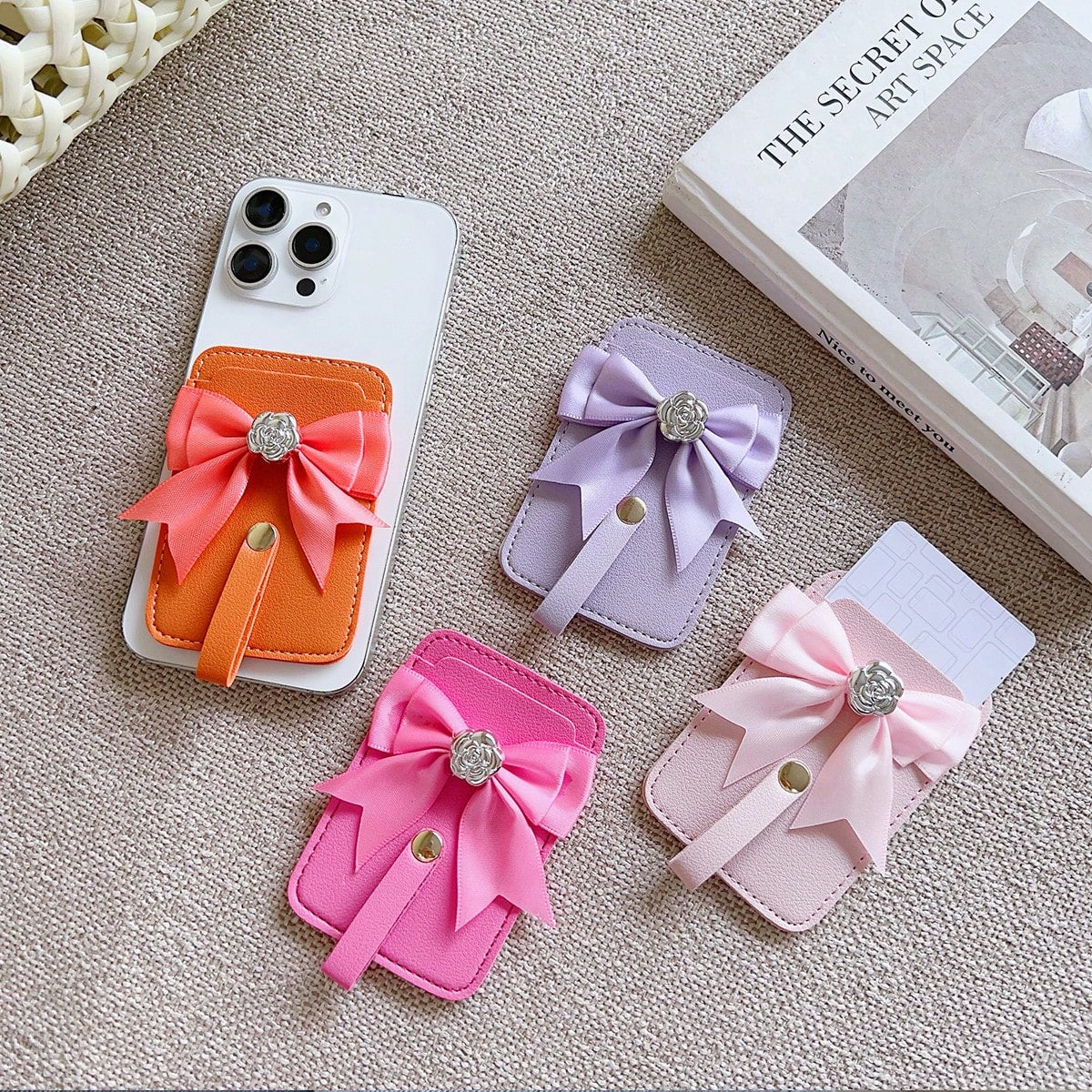 1pc Ins Solid Color PU Leather Adhesive Bank Card/Access Card Holder, Bowknot Rose Design