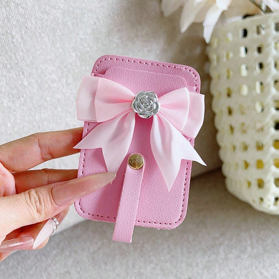 1pc Ins Solid Color PU Leather Adhesive Bank Card/Access Card Holder, Bowknot Rose Design