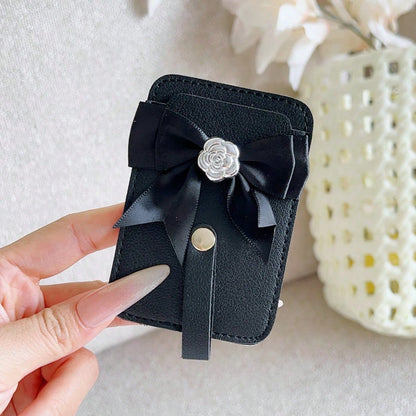 1pc Ins Solid Color PU Leather Adhesive Bank Card/Access Card Holder, Bowknot Rose Design