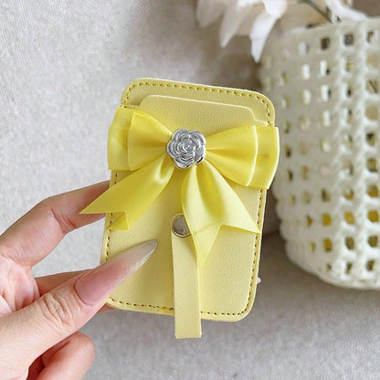 1pc Ins Solid Color PU Leather Adhesive Bank Card/Access Card Holder, Bowknot Rose Design
