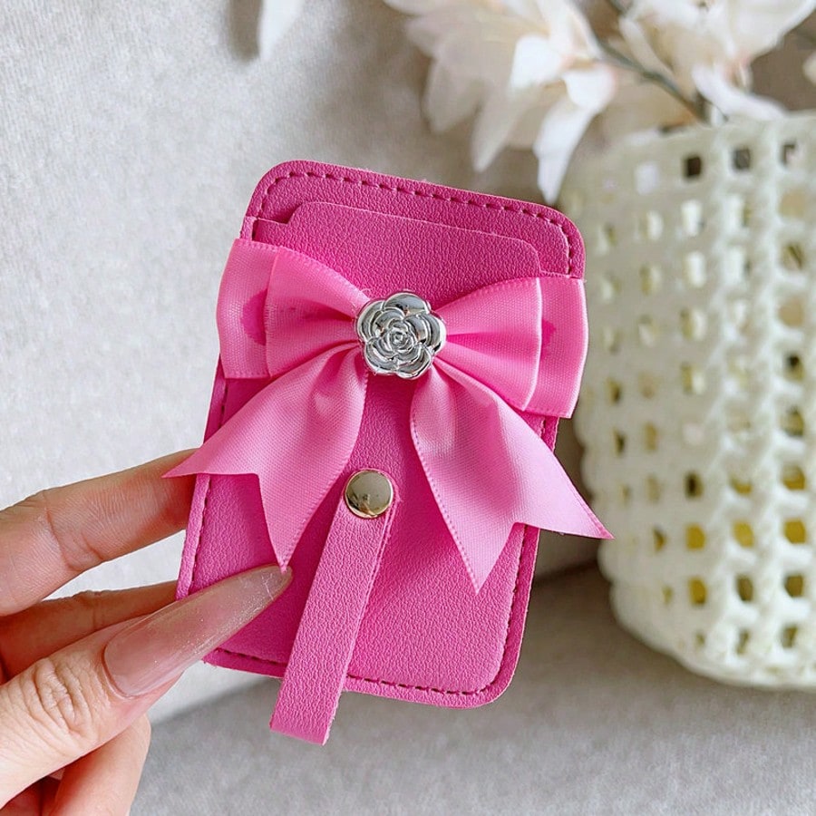 1pc Ins Solid Color PU Leather Adhesive Bank Card/Access Card Holder, Bowknot Rose Design