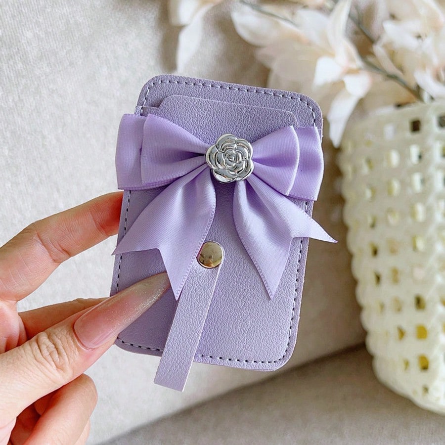1pc Ins Solid Color PU Leather Adhesive Bank Card/Access Card Holder, Bowknot Rose Design