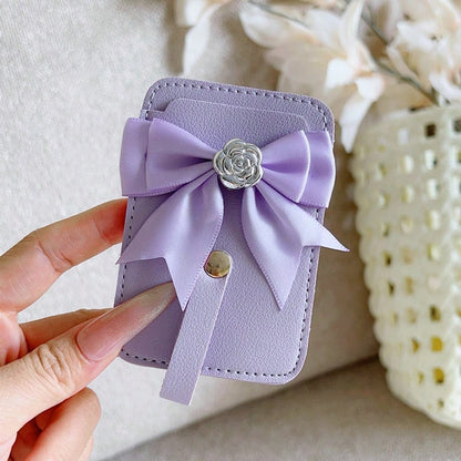 1pc Ins Solid Color PU Leather Adhesive Bank Card/Access Card Holder, Bowknot Rose Design
