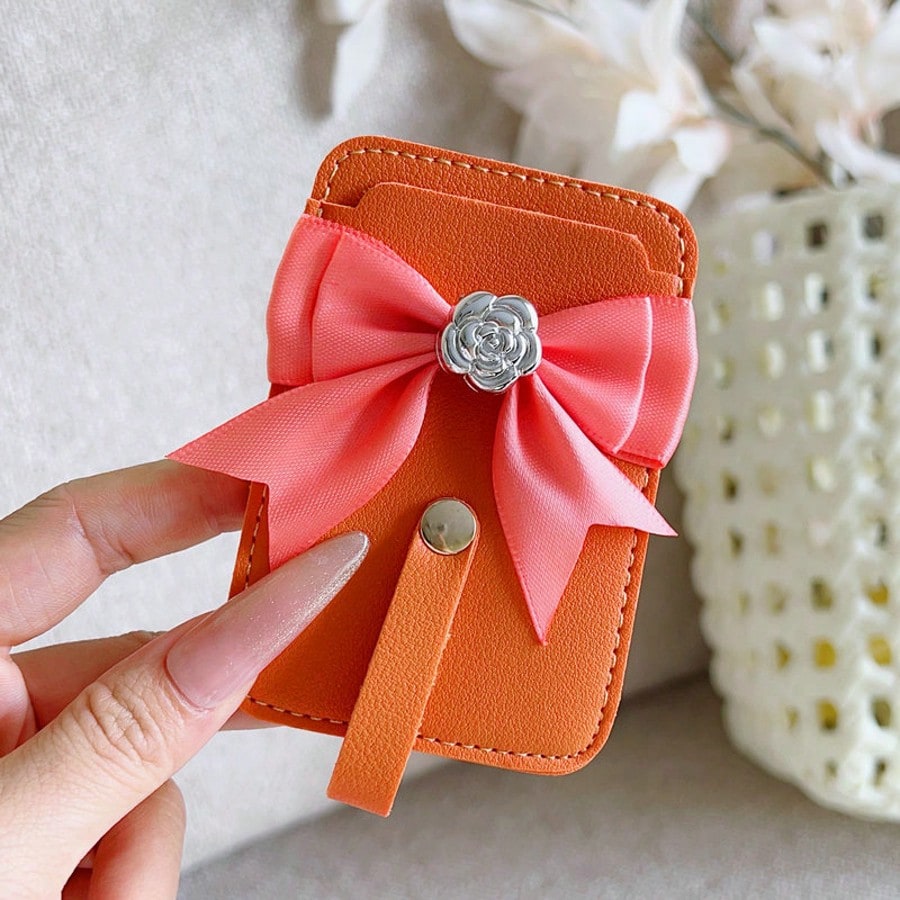 1pc Ins Solid Color PU Leather Adhesive Bank Card/Access Card Holder, Bowknot Rose Design