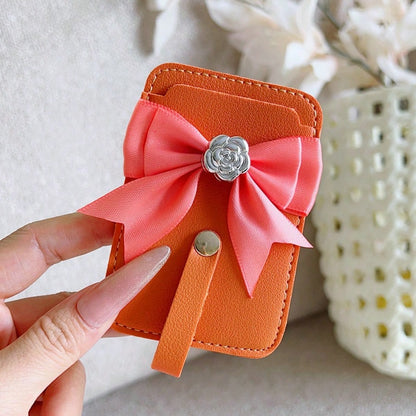 1pc Ins Solid Color PU Leather Adhesive Bank Card/Access Card Holder, Bowknot Rose Design