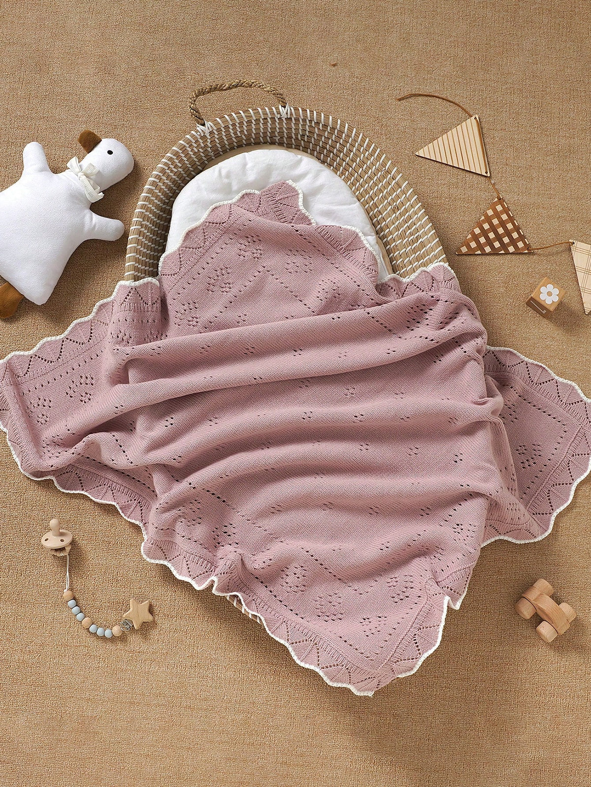 1pc Knitted Baby Blanket With Perforated Texture + Contrasting Wavy Trim, Gentle Children Blanket For All Seasons