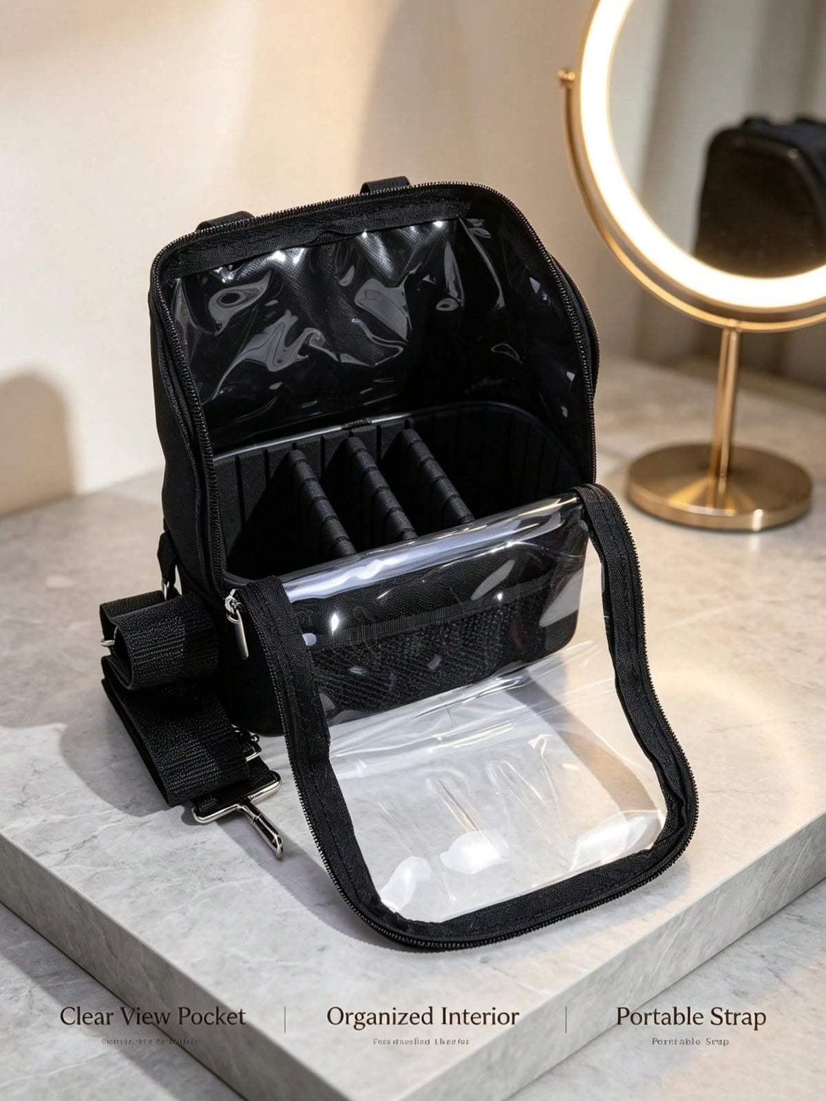 1pc Large Multi-Compartment Makeup Brush Storage Bag, Portable Travel Makeup Bag With Large Capacity And Visible Window, Detachable Crossbody Shoulder Strap, Multiple Compartments, Makeup Artist Trave