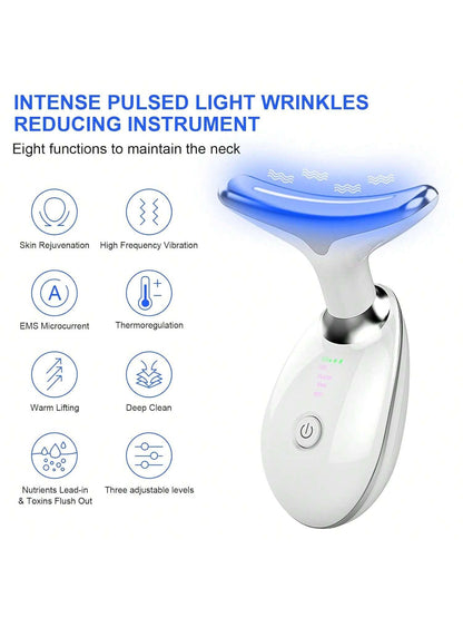 1pc LED Handheld Massager- Neck And Face Firming & Anti-Wrinkle- Firming & Lifting Skin- Thermal Revitalization- 7 Color Modes Vibration Massage- Dual Fat Reduction & Slimming- Anti-Wrinkle, Ski