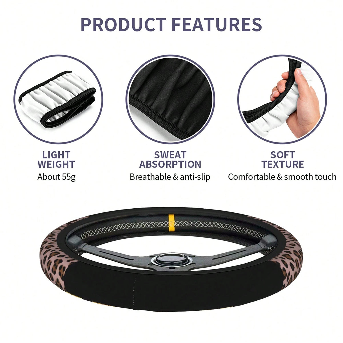 1pc Leopard Print Car Steering Wheel Cover + 2pcs Car Cup Holders, Waterproof Steering Wheel Cover Fits 14.5-15 Inch
