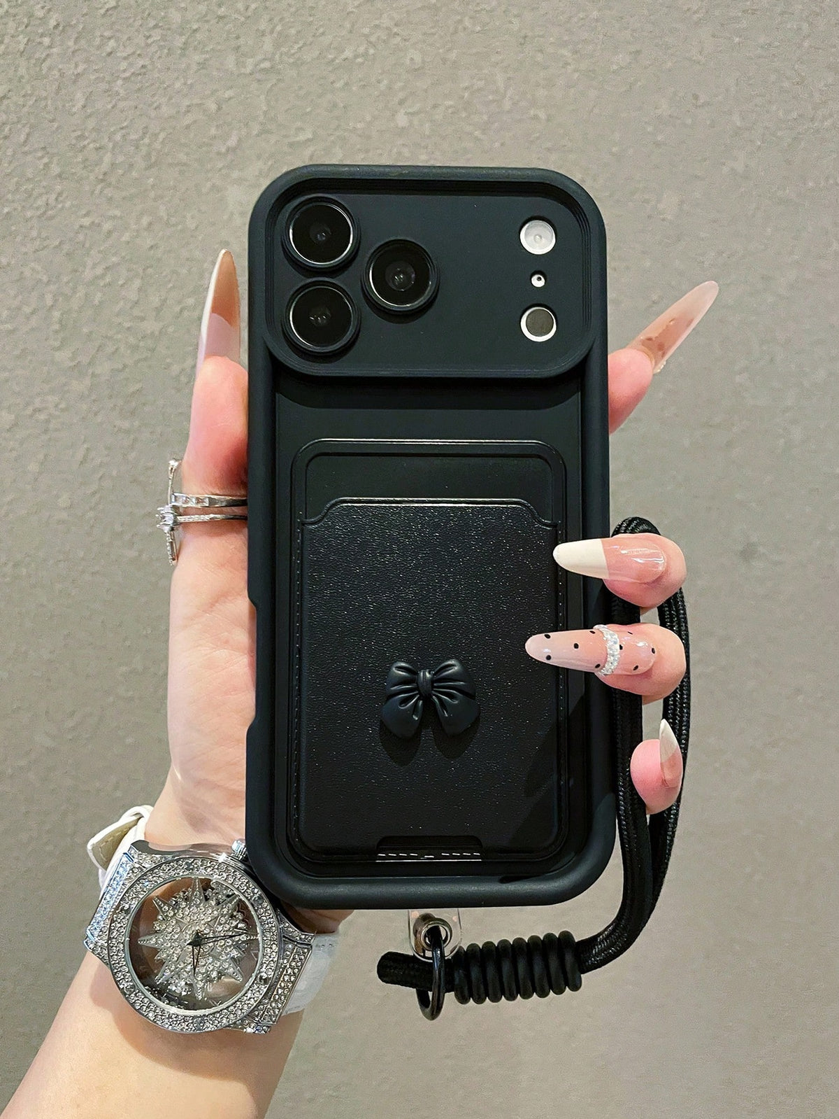 1pc Luxury Minimalist Bow Card Holder Diamond Sand Gradient Phone Case With Lanyard, Compatible With Apple 17/17Pro/17promax/16/16Pro/16Promax/15/15Pro/15Promax/14/13/12/11 Protective Cover