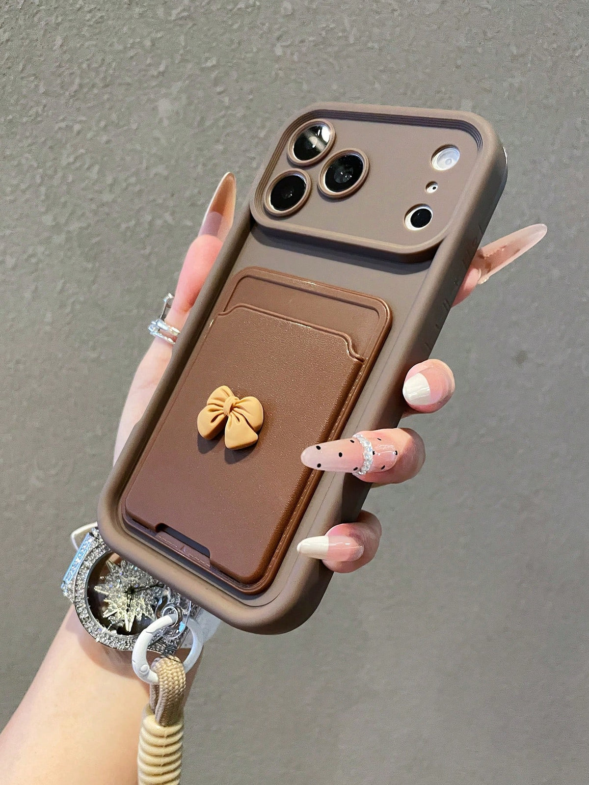 1pc Luxury Minimalist Bow Card Holder Diamond Sand Gradient Phone Case With Lanyard, Compatible With Apple 17/17Pro/17promax/16/16Pro/16Promax/15/15Pro/15Promax/14/13/12/11 Protective Cover