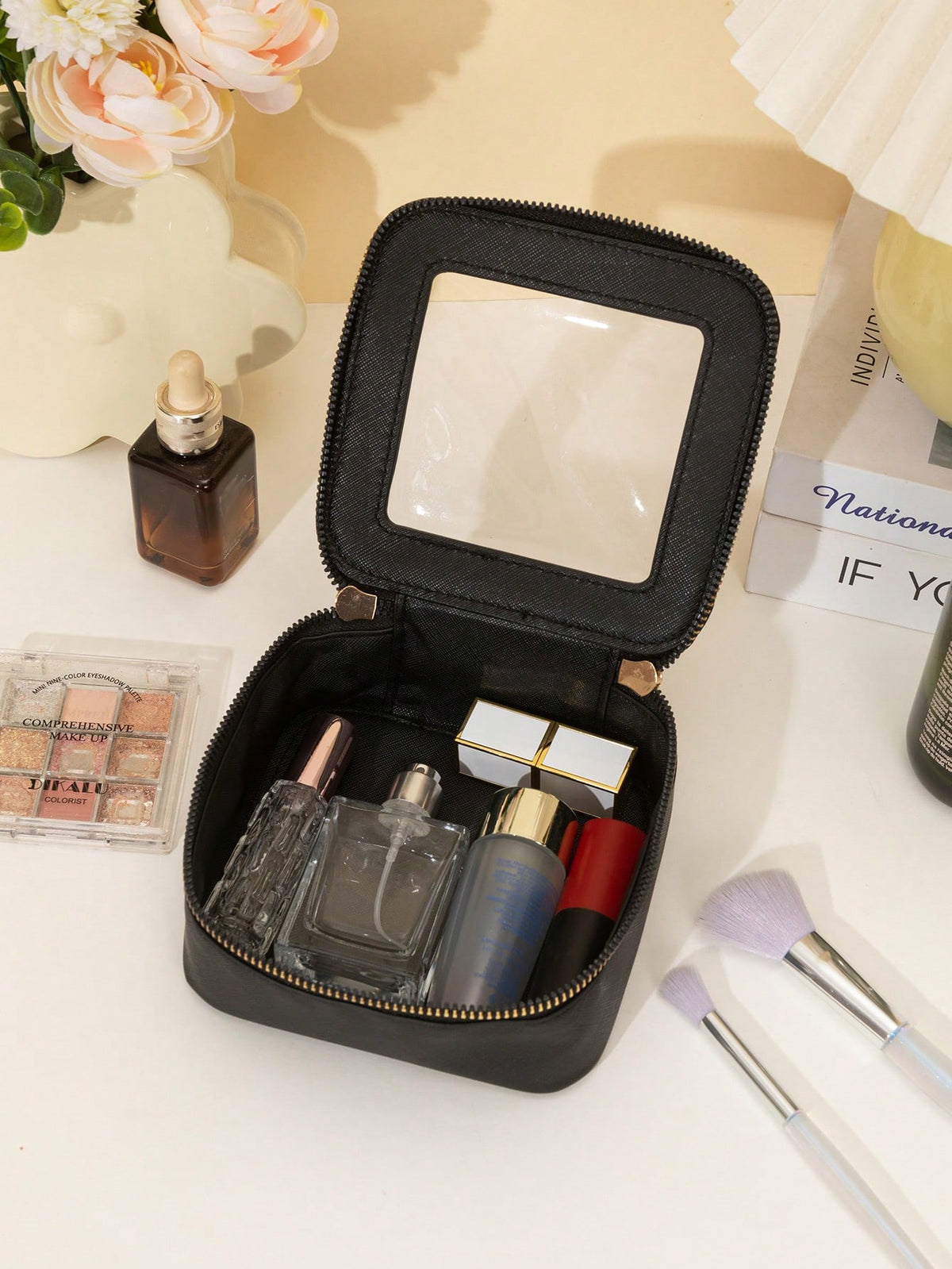 1pc Makeup Bag Pink, White, Black, Single-Sided Transparent, Medium Size Waterproof, Lipstick Storage Bag, Women's Makeup Bag, Small Makeup Storage Box, Women's Travel Bag, Large Capacity Makeup Brush