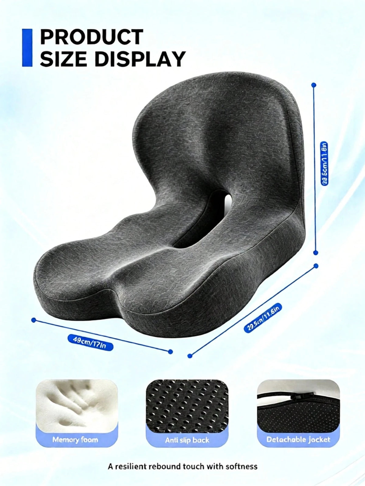 1PC Memory Foam Seat Cushion With Back Support, Ergonomic Chair Cushion For Office, Car & Home, Detachable Anti-Slip Sitting Pad, Black Available