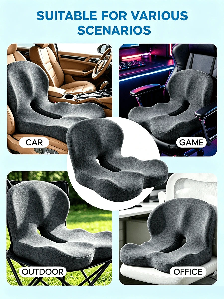 1PC Memory Foam Seat Cushion With Back Support, Ergonomic Chair Cushion For Office, Car & Home, Detachable Anti-Slip Sitting Pad, Black Available