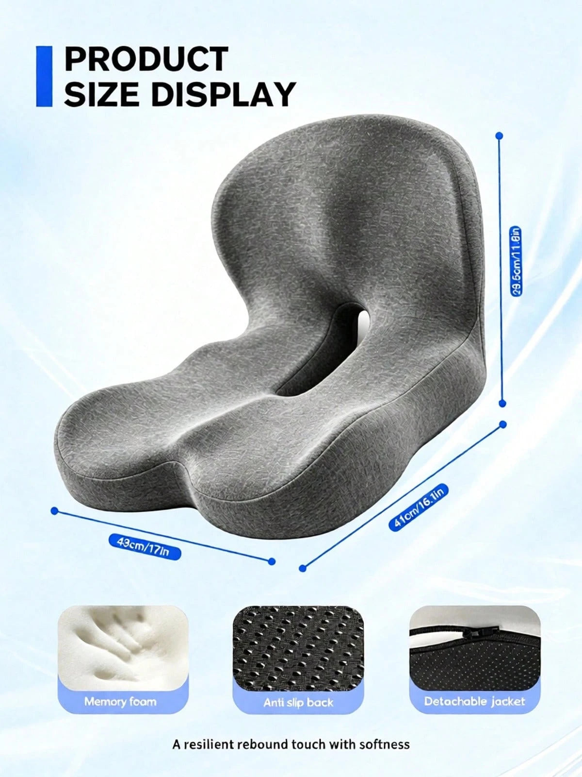 1PC Memory Foam Seat Cushion With Back Support, Ergonomic Chair Cushion For Office, Car & Home, Detachable Anti-Slip Sitting Pad, Black Available