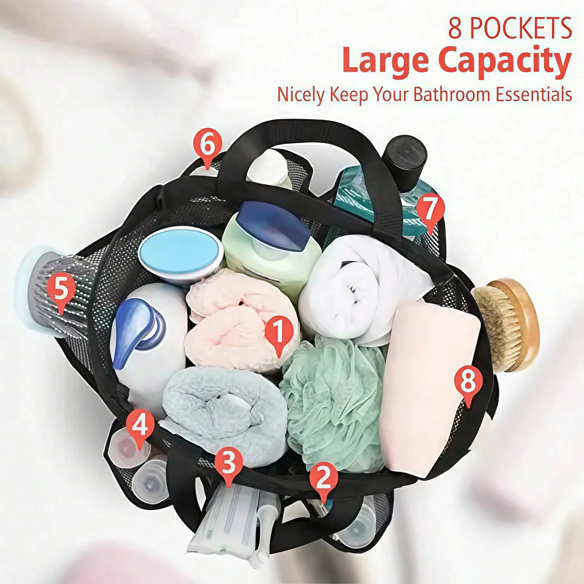 1pc Mesh Shower Caddy, Portable, Suitable For College Dorms, Travel Essential Bathroom Storage, Large Capacity 8-Pocket Shower Caddy, Also Suitable For Beach, Swimming, Gym And More