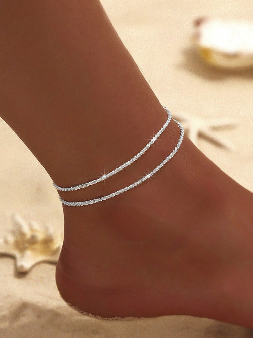 1pc Minimalist Charming Double-Chain Silver Anklet, Women's Fashion Shiny Beach Holiday Travel Jewelry Couples Anklet