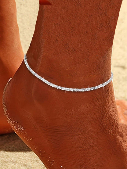 1pc Minimalist Charming Double-Chain Silver Anklet, Women's Fashion Shiny Beach Holiday Travel Jewelry Couples Anklet