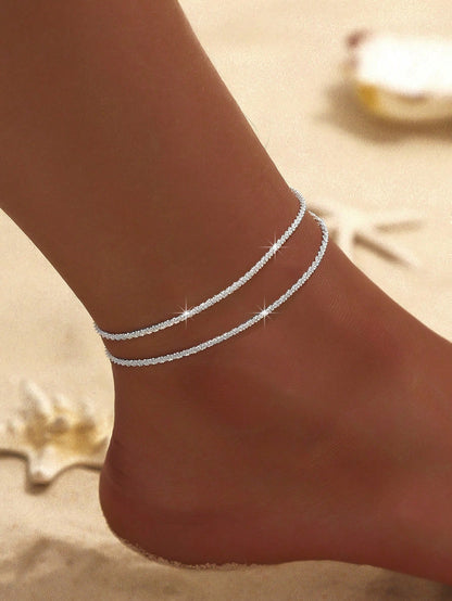 1pc Minimalist Charming Double-Chain Silver Anklet, Women's Fashion Shiny Beach Holiday Travel Jewelry Couples Anklet