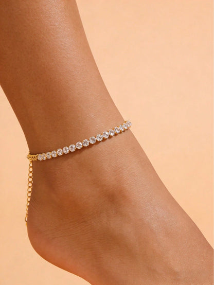1pc Minimalist Shiny Gold Rhinestone Anklet, Versatile Daily Wear Jewelry For Women