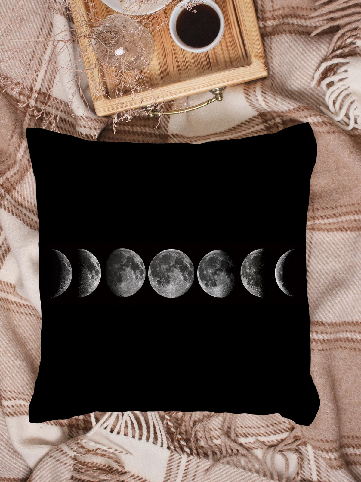 1pc Moon Phase Print Cushion Cover Without Filler, Modern Throw Pillow Case, Pillow Insert Not Include, For Sofa, Living Room