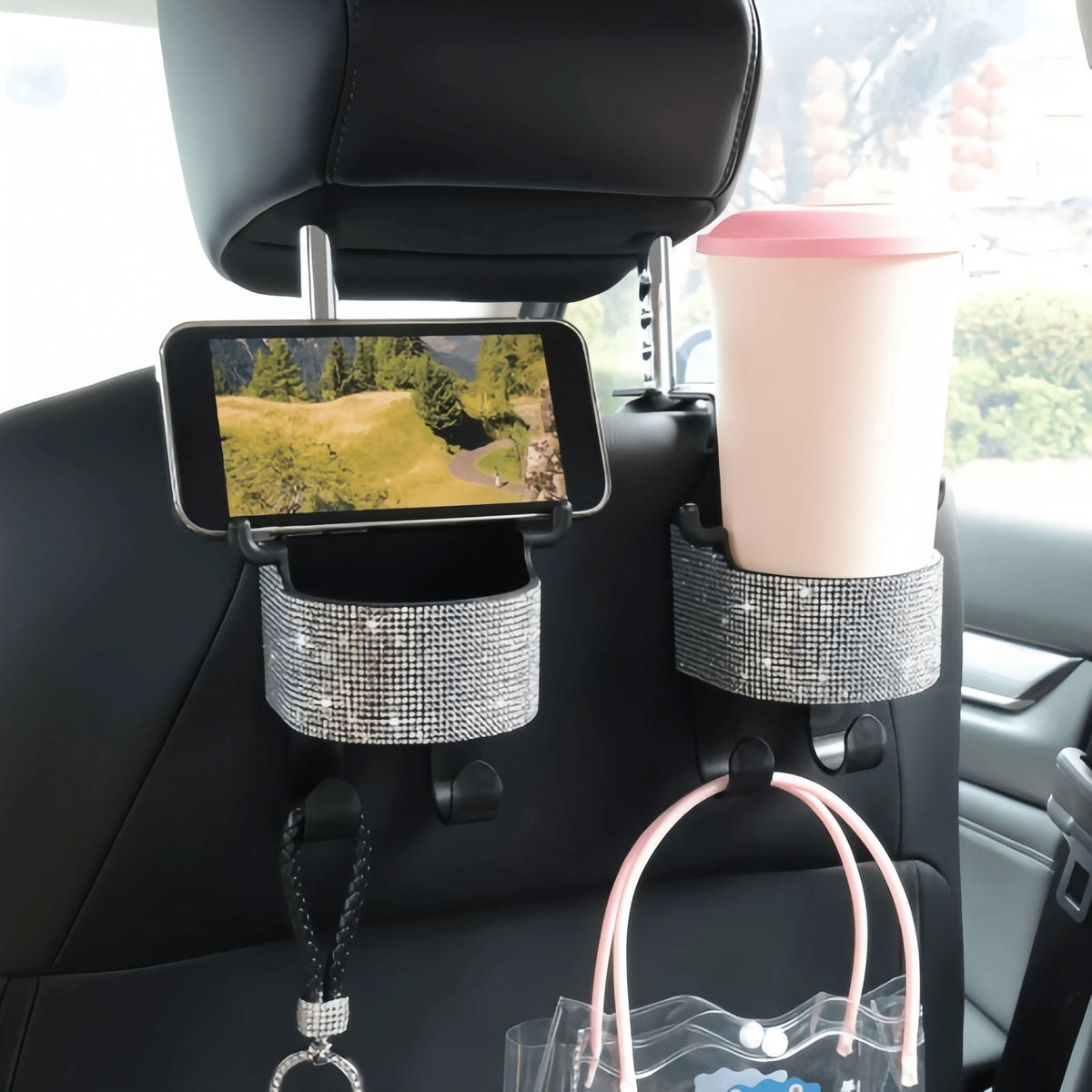 1pc New Rhinestone Multifunctional Car Seat Organizer Bag With Cup Holder, 2-In-1 Car Hook, Easy Installation- Durable ABS Material Storage Bag, Convenient To Carry