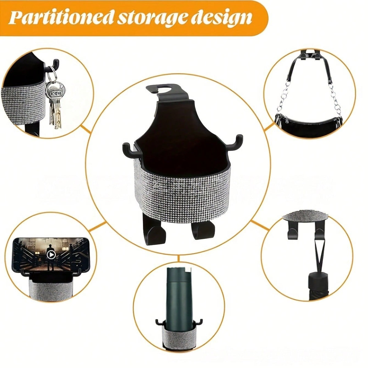 1pc New Rhinestone Multifunctional Car Seat Organizer Bag With Cup Holder, 2-In-1 Car Hook, Easy Installation- Durable ABS Material Storage Bag, Convenient To Carry