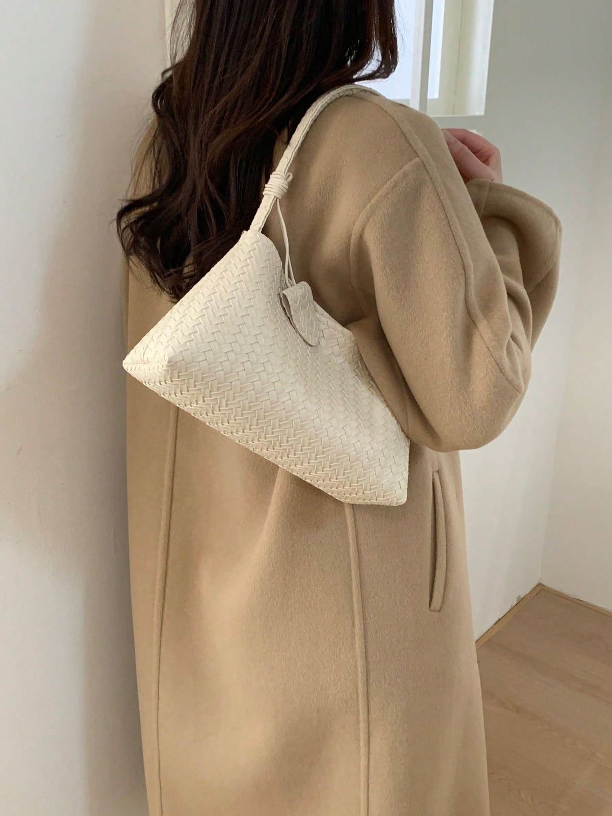 1pc New Solid Color Woven Baguette Bag With PU Strap, Fashion Women's Shoulder Bag For Daily Use, Shopping, Dating