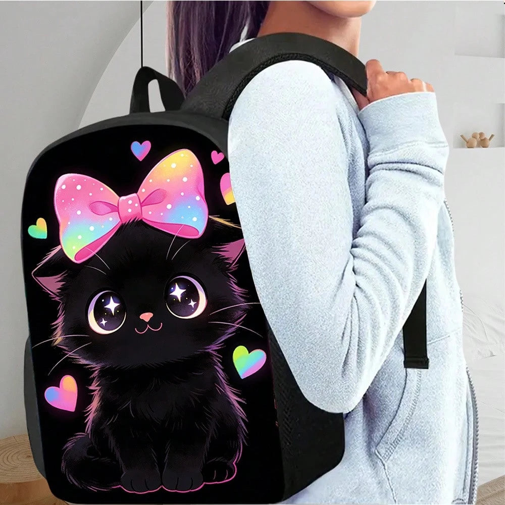 1pc Polyester Backpack, Cute Black Cat Bow And Heart Graphic, Durable Large-Capacity Bookpack With Adjustable Straps And Zipper Compartments For Commuting, Travel And Outdoor Use
