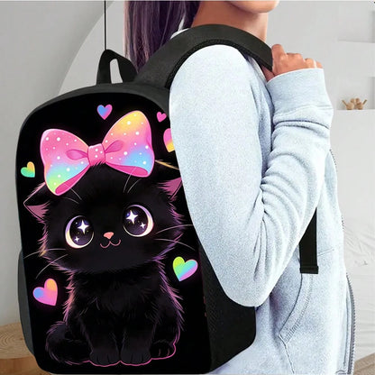 1pc Polyester Backpack, Cute Black Cat Bow And Heart Graphic, Durable Large-Capacity Bookpack With Adjustable Straps And Zipper Compartments For Commuting, Travel And Outdoor Use