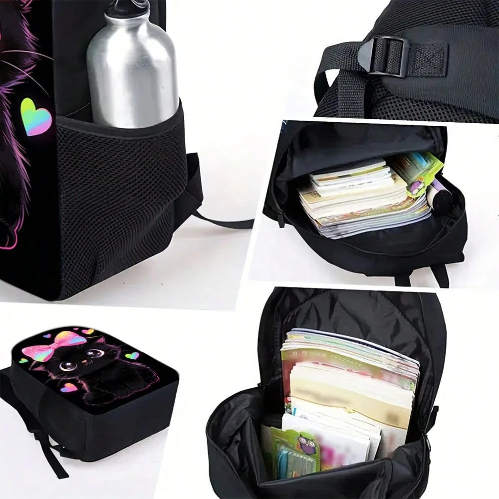 1pc Polyester Backpack, Cute Black Cat Bow And Heart Graphic, Durable Large-Capacity Bookpack With Adjustable Straps And Zipper Compartments For Commuting, Travel And Outdoor Use