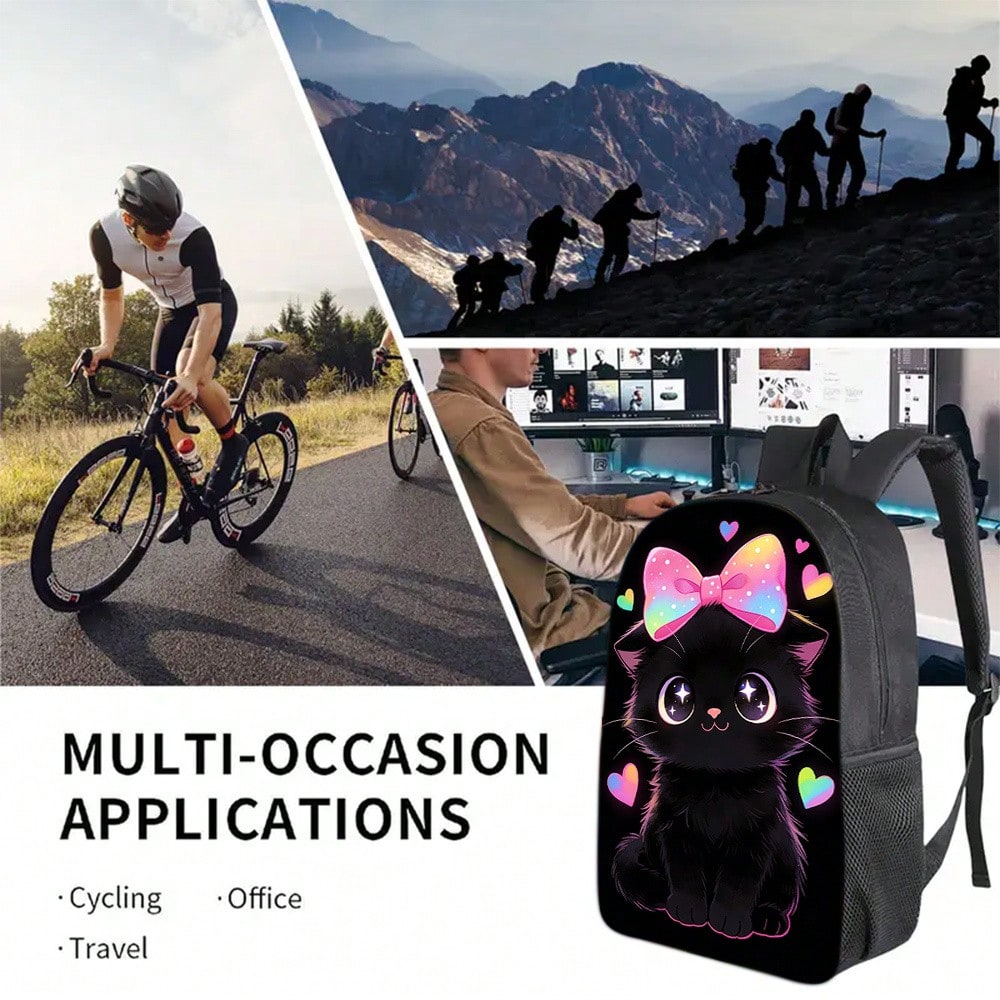 1pc Polyester Backpack, Cute Black Cat Bow And Heart Graphic, Durable Large-Capacity Bookpack With Adjustable Straps And Zipper Compartments For Commuting, Travel And Outdoor Use