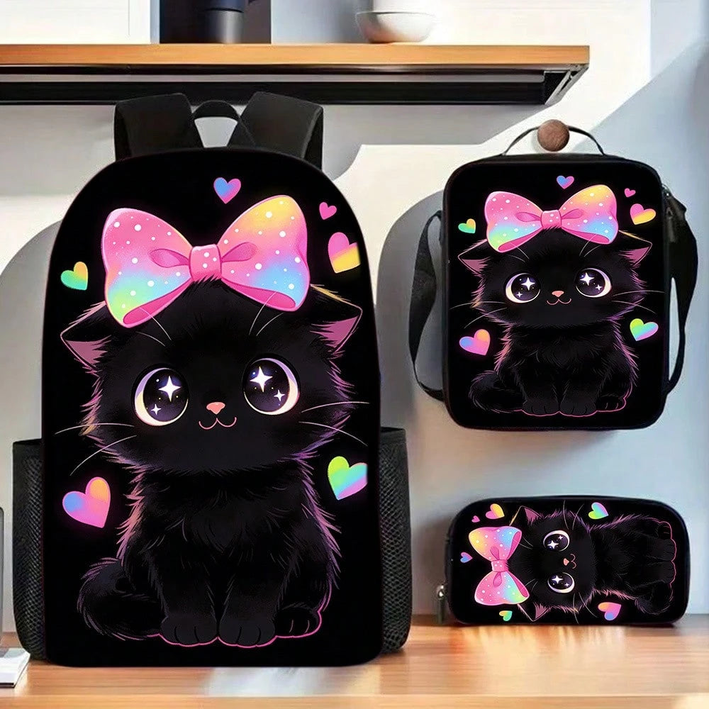 1pc Polyester Backpack, Cute Black Cat Bow And Heart Graphic, Durable Large-Capacity Bookpack With Adjustable Straps And Zipper Compartments For Commuting, Travel And Outdoor Use