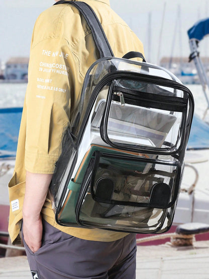 1pc Portable Transparent PVC Backpack, Waterproof Sports Travel Beach Bag, Casual Large Capacity Multi-Compartment Travel Storage Bag For Music Concerts, Sports Venues, Outdoor Activities, Music Festi