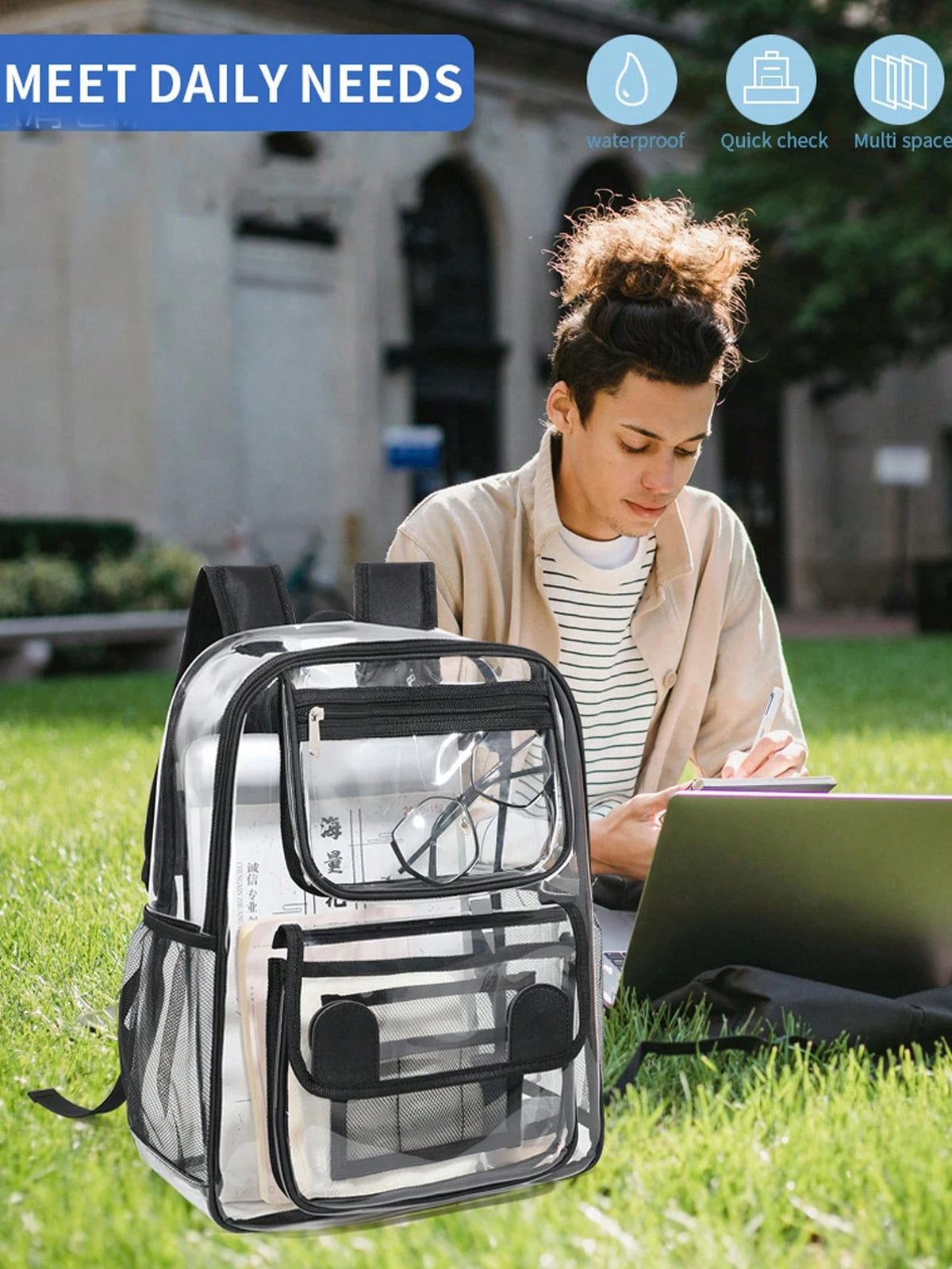 1pc Portable Transparent PVC Backpack, Waterproof Sports Travel Beach Bag, Casual Large Capacity Multi-Compartment Travel Storage Bag For Music Concerts, Sports Venues, Outdoor Activities, Music Festi