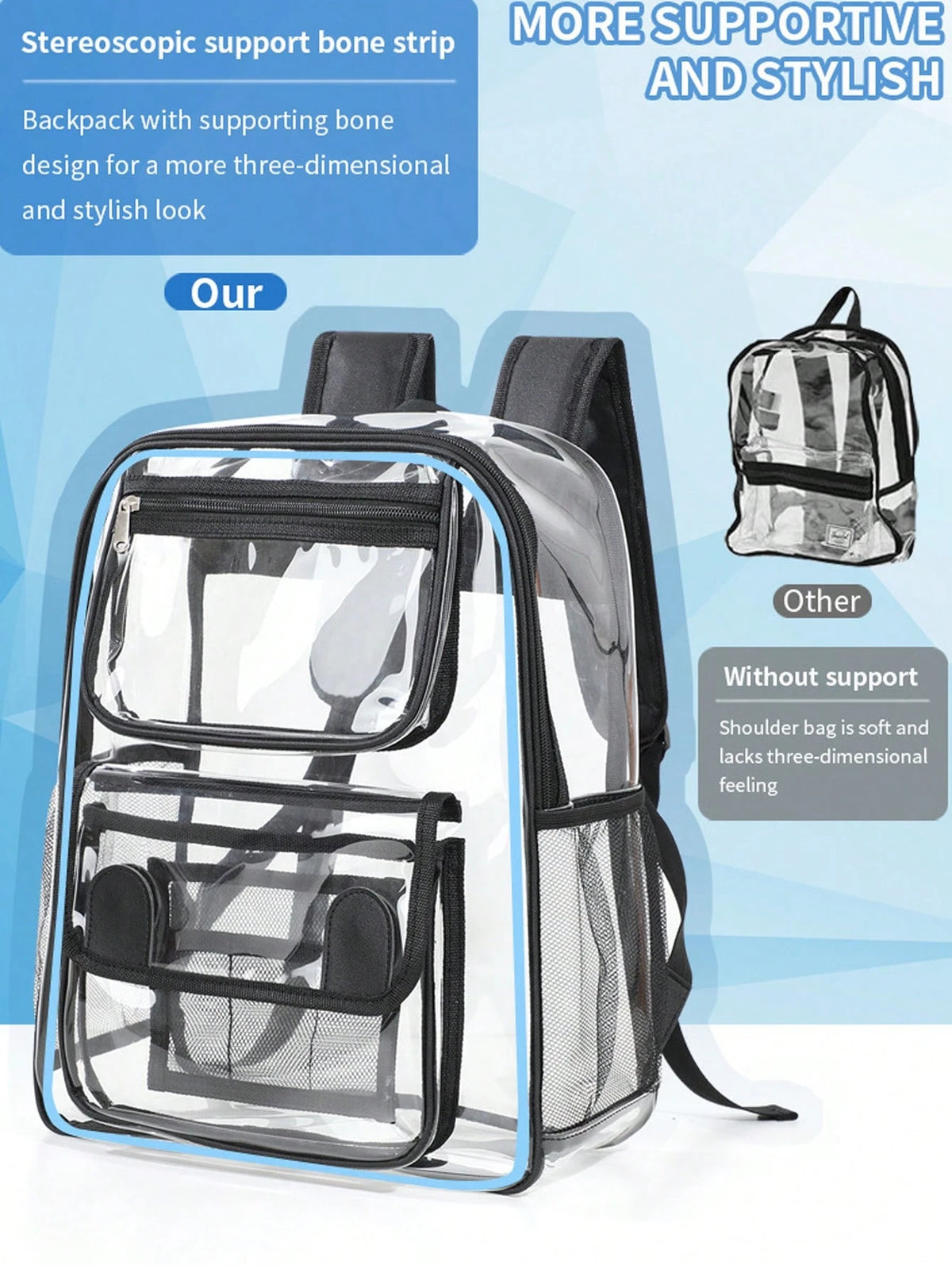1pc Portable Transparent PVC Backpack, Waterproof Sports Travel Beach Bag, Casual Large Capacity Multi-Compartment Travel Storage Bag For Music Concerts, Sports Venues, Outdoor Activities, Music Festi