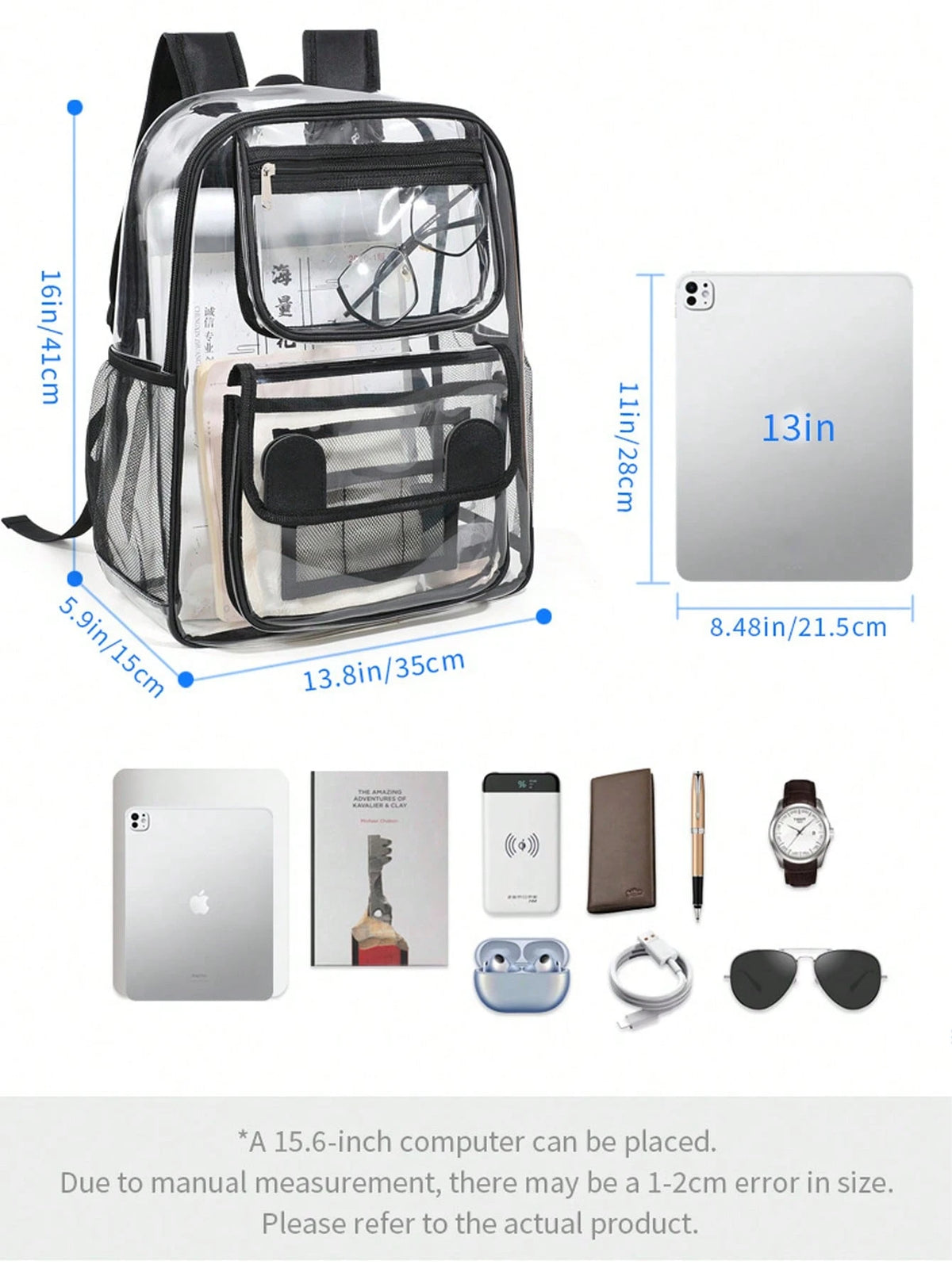 1pc Portable Transparent PVC Backpack, Waterproof Sports Travel Beach Bag, Casual Large Capacity Multi-Compartment Travel Storage Bag For Music Concerts, Sports Venues, Outdoor Activities, Music Festi