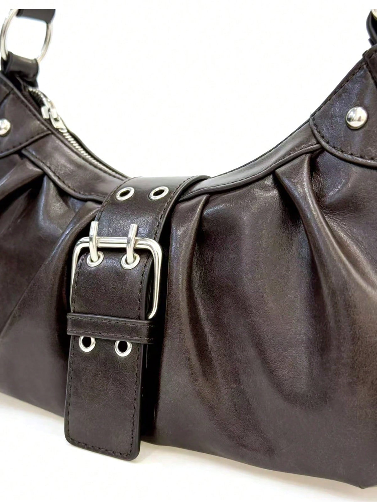 1pc PU Y2K Women's Vintage Maillard Wasteland Style Soft Distressed Rubbed Leather Motorcycle Bag With Rivet Buckle Decor, Pleated Cloud Design, Shoulder Underarm Bag, Baguette Bag, Square Bag, Suitab