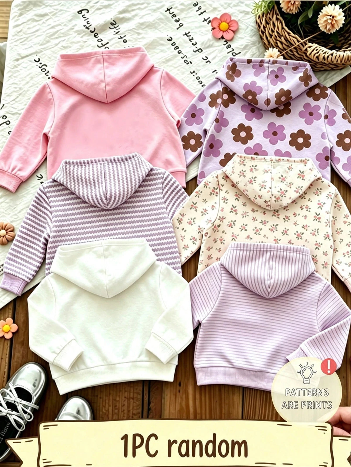 1pc Random, Baby Girl Hooded Sweatshirt, Pink Sweet Bow Pullover Sweatshirt, Floral Pattern Hooded Sweatshirt, Striped Long Sleeve Sweatshirt, Spring/Autumn Casual Top Suitable For Girls And Inf